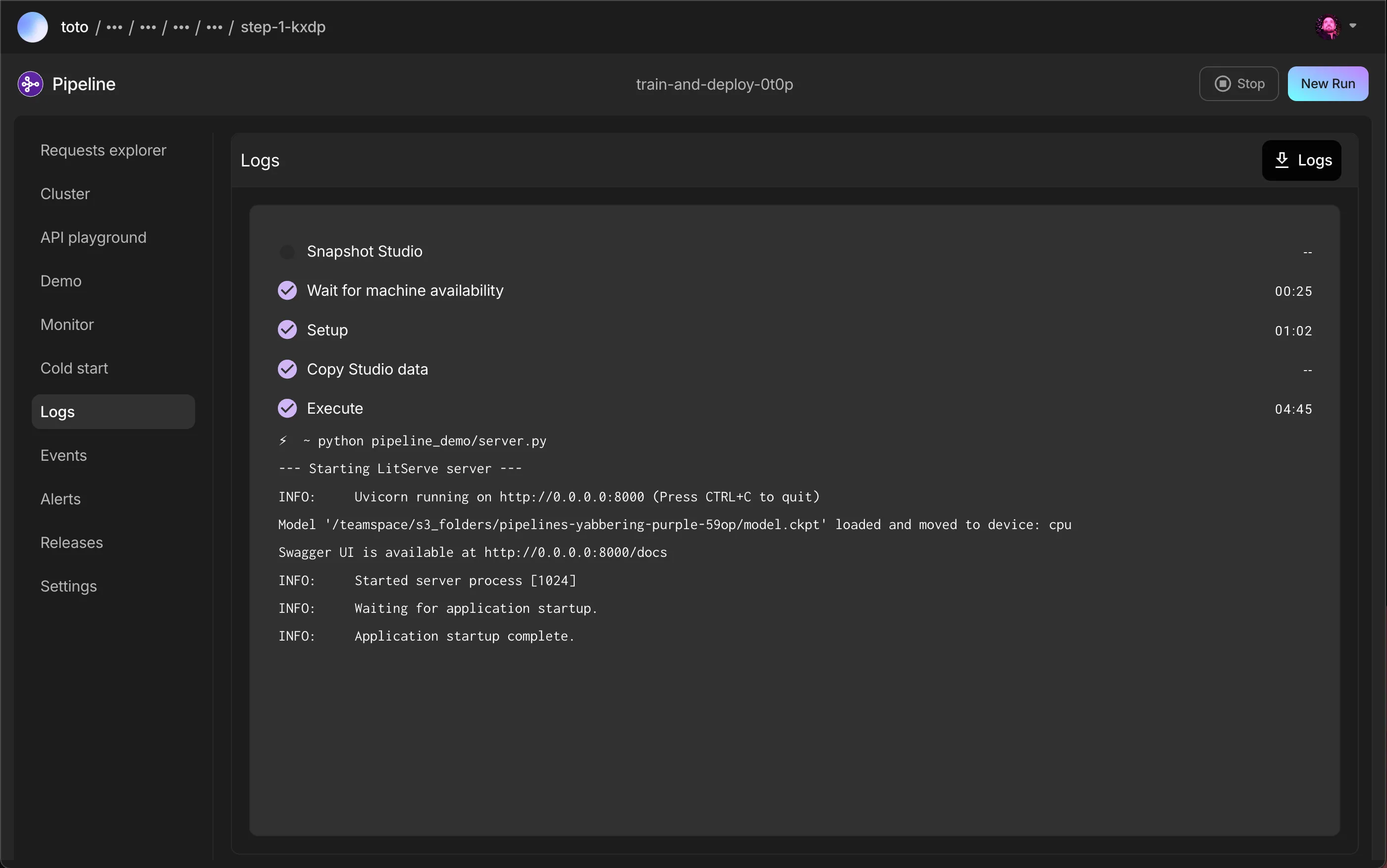 The deployment job loaded the weights from the shared filesystem, served the model and successfully auto scaled down to zero replica due to inactivity