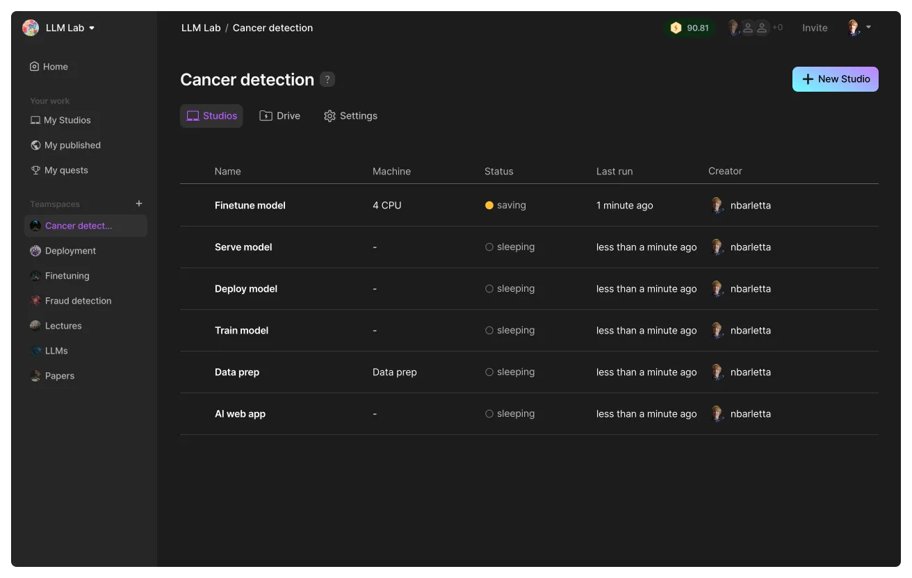 A teamspace with Studios that cover unique tasks in cancer detection.
