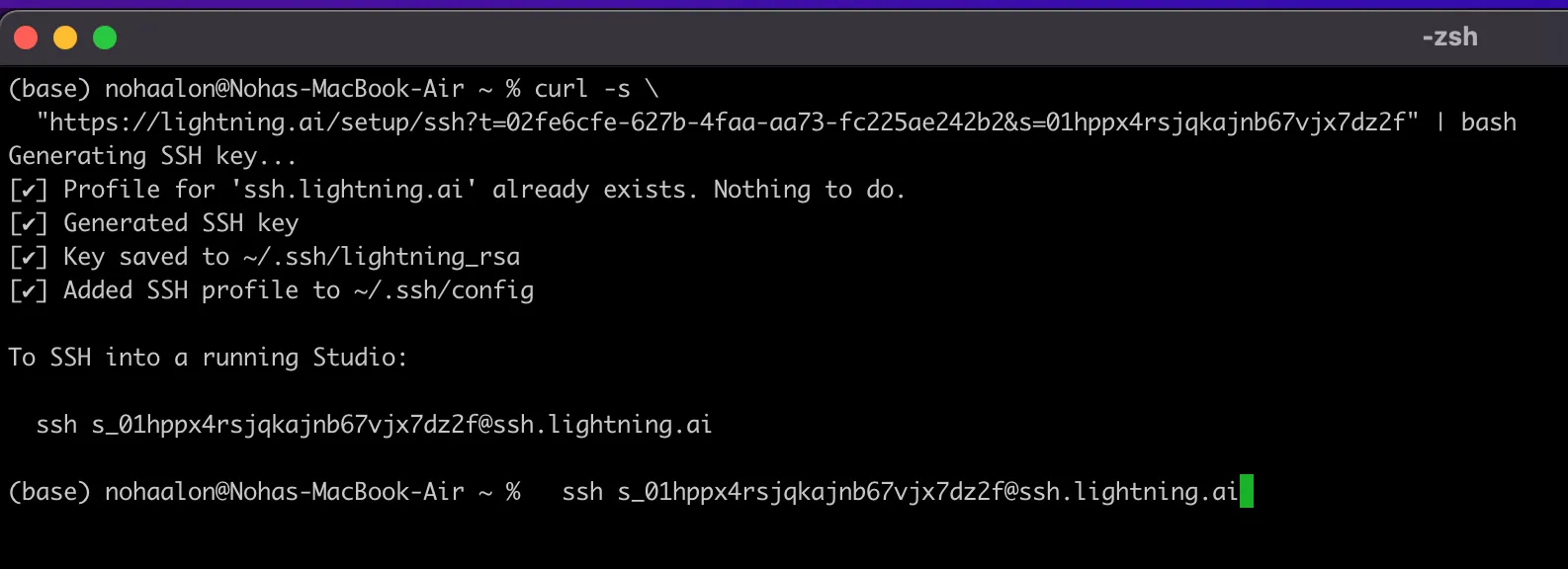 Example output to connect via SSH on Mac or Linux