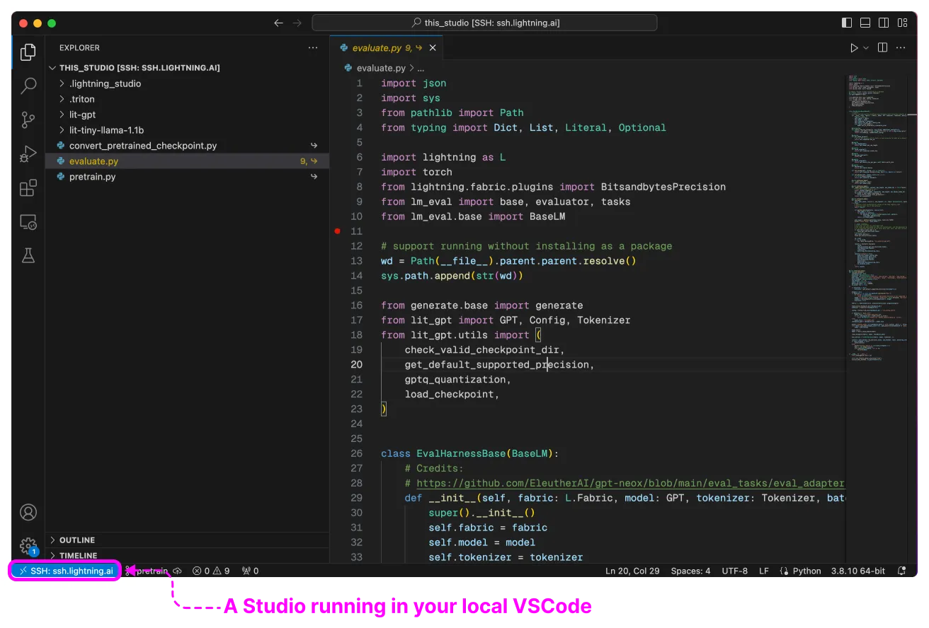 An example of your local VSCode SSHing into your Lightning Studio